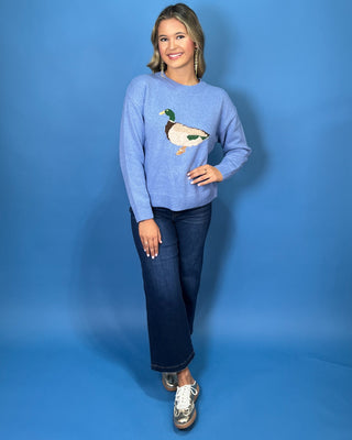 Light blue crew neck sweater featuring a mallard duck design, long sleeves, ribbed cuffs, and a ribbed hem.