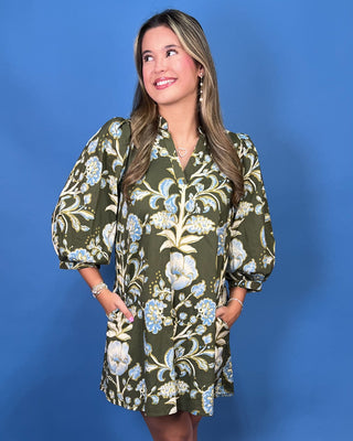 Wildflower Haven Blue & Olive V-Neck Mini Dress