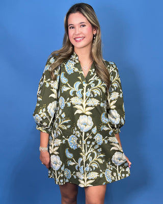 Wildflower Haven Blue & Olive V-Neck Mini Dress