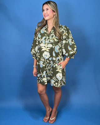 Wildflower Haven Blue & Olive V-Neck Mini Dress