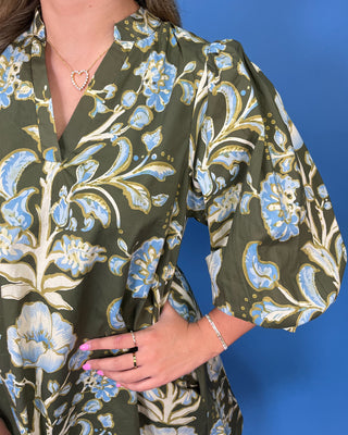 Wildflower Haven Blue & Olive V-Neck Mini Dress