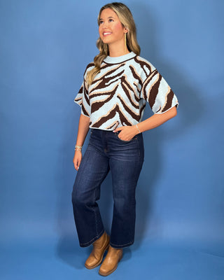 Light blue knit sweater top with bold chocolate brown and cream zebra print, crew neckline, and relaxed short sleeves