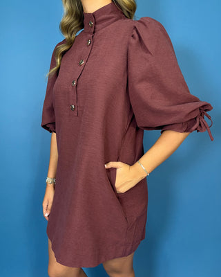 Burgundy mini shift dress with a high neckline, statement jeweled buttons, puff sleeves with tie cuffs, and convenient side pockets.