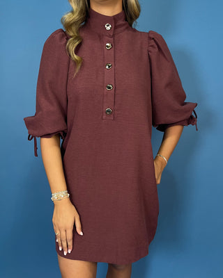 Burgundy mini shift dress with a high neckline, statement jeweled buttons, puff sleeves with tie cuffs, and convenient side pockets.