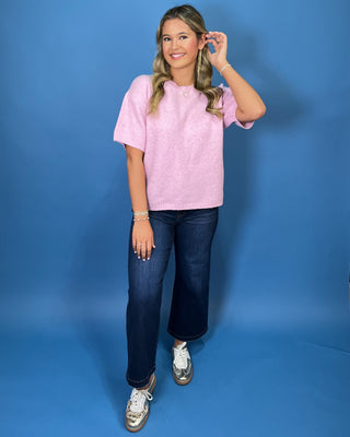 Soft pink short sleeve knit sweater top with a crew neckline, relaxed fit, and ribbed trim.