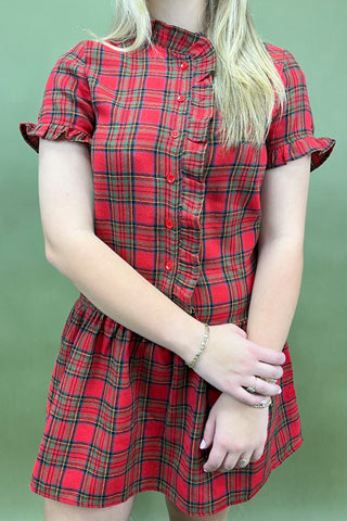 Person wearing a red plaid dress against a green background