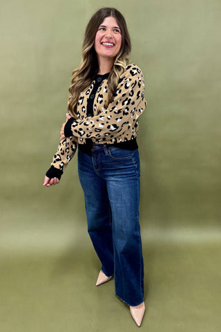 Woman wearing a leopard print top and blue jeans on a green background
