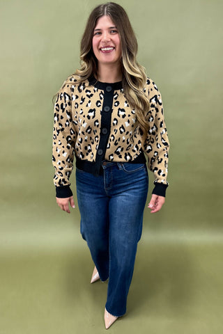 Woman wearing a leopard print jacket and blue jeans on a green background