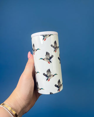 Duck Can Cooler with flying mallard duck design featuring double-wall insulated stainless steel construction and removable screw-top lid for standard 12 oz cans.