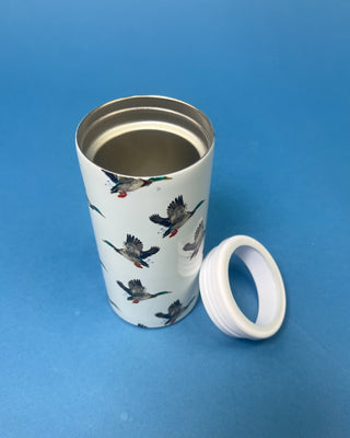 Duck Can Cooler with flying mallard duck design featuring double-wall insulated stainless steel construction and removable screw-top lid for standard 12 oz cans.