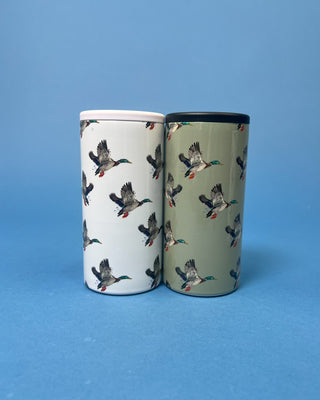 Duck Can Cooler with flying mallard duck design featuring double-wall insulated stainless steel construction and removable screw-top lid for standard 12 oz cans.