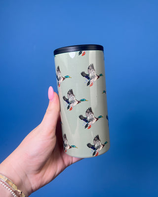 Duck Can Cooler with flying mallard duck design featuring double-wall insulated stainless steel construction and removable screw-top lid for standard 12 oz cans.