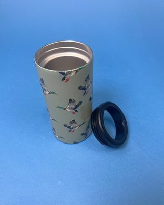 Duck Can Cooler with flying mallard duck design featuring double-wall insulated stainless steel construction and removable screw-top lid for standard 12 oz cans.