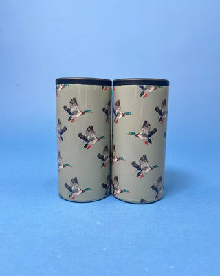 Duck Can Cooler with flying mallard duck design featuring double-wall insulated stainless steel construction and removable screw-top lid for standard 12 oz cans.