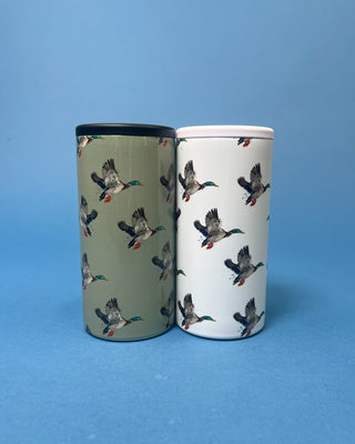 Duck Can Cooler with flying mallard duck design featuring double-wall insulated stainless steel construction and removable screw-top lid for standard 12 oz cans.