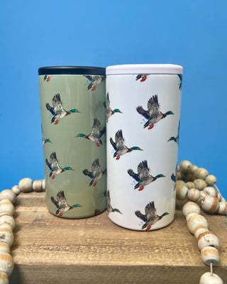 Duck Can Cooler with flying mallard duck design featuring double-wall insulated stainless steel construction and removable screw-top lid for standard 12 oz cans.