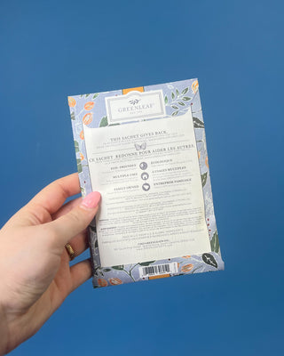 Close-up of the Greenleaf Laurel Grove sachet packaging featuring the botanical artwork and fragrance label.