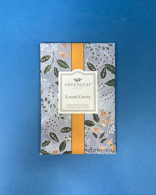 Close-up of the Greenleaf Laurel Grove sachet packaging featuring the botanical artwork and fragrance label.