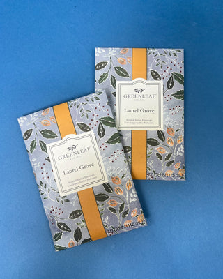 Close-up of the Greenleaf Laurel Grove sachet packaging featuring the botanical artwork and fragrance label.