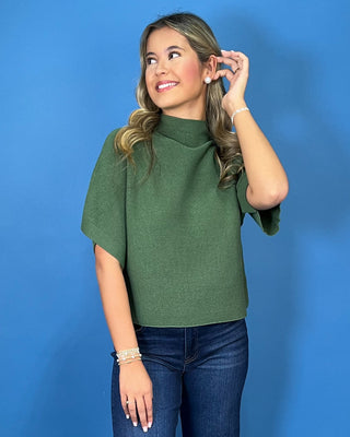 Olive green ribbed mock neck sweater top with short dolman sleeves, relaxed fit, and a soft, versatile everyday look.