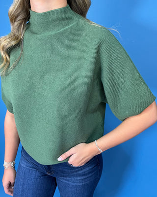 Olive green ribbed mock neck sweater top with short dolman sleeves, relaxed fit, and a soft, versatile everyday look.