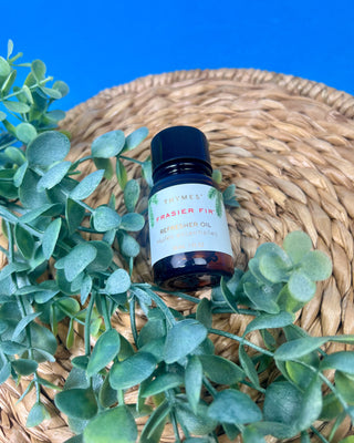 Thymes Frasier Fir Refresher Oil in amber glass bottle with signature evergreen label displayed on a solid blue background.