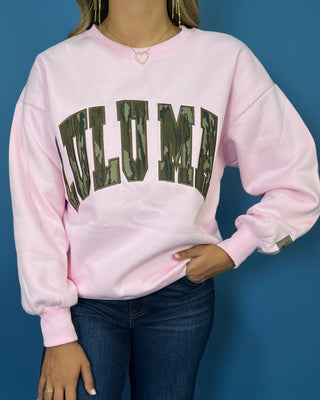Pink long sleeve crewneck sweatshirt featuring oversized “LULU MAC” lettering with a camouflage print