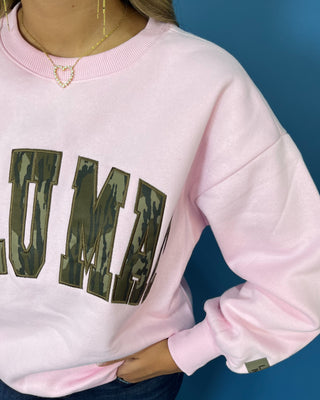 Pink long sleeve crewneck sweatshirt featuring oversized “LULU MAC” lettering with a camouflage print