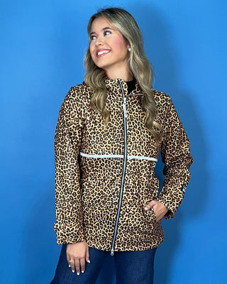 Lulu Mac leopard print zip-up jacket with a high collar, reflective waist detail, long sleeves, and side pockets.