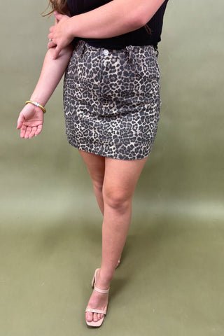 Person wearing a leopard print skirt on a plain background