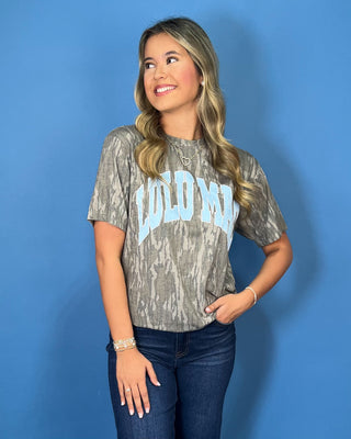 Lulu Mac gray camo graphic tee with bold light blue collegiate lettering and a relaxed short sleeve fit.