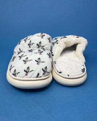 Cozy white duck slippers with cushioned interior displayed against a solid blue background. 