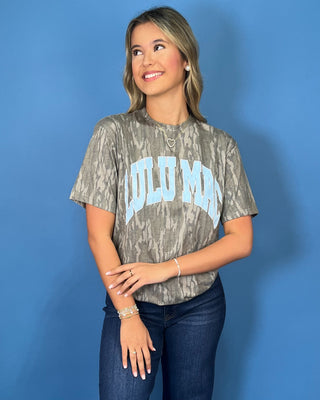 Lulu Mac gray camo graphic tee with bold light blue collegiate lettering and a relaxed short sleeve fit.