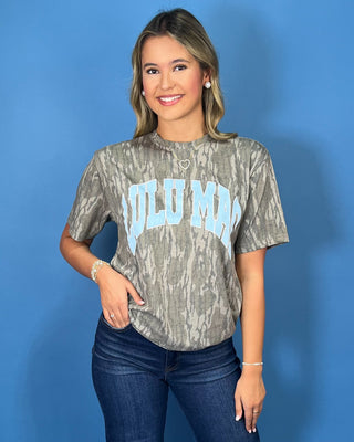 Lulu Mac gray camo graphic tee with bold light blue collegiate lettering and a relaxed short sleeve fit.