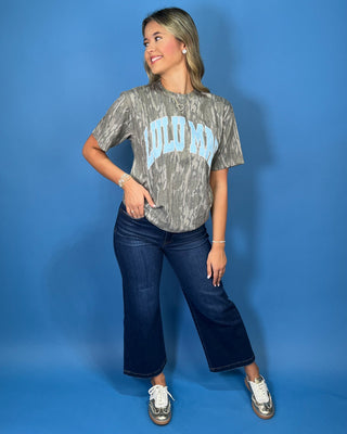 Lulu Mac gray camo graphic tee with bold light blue collegiate lettering and a relaxed short sleeve fit.