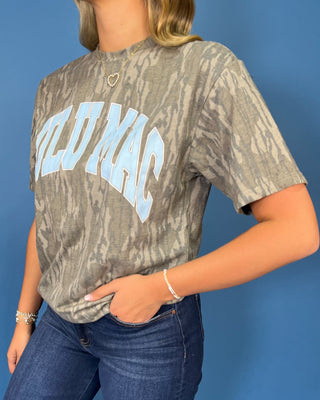 Lulu Mac gray camo graphic tee with bold light blue collegiate lettering and a relaxed short sleeve fit.
