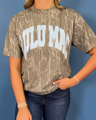 Lulu Mac gray camo graphic tee with bold light blue collegiate lettering and a relaxed short sleeve fit.