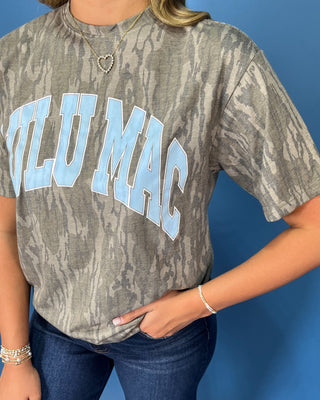 Lulu Mac gray camo graphic tee with bold light blue collegiate lettering and a relaxed short sleeve fit.