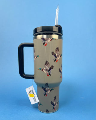 Green insulated stainless steel tumbler with handle, reusable straw, secure lid, and flying mallard duck print.