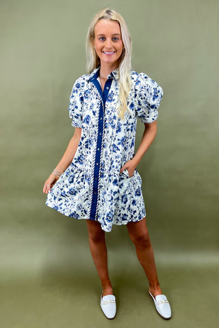 Indigo Blooms Button-Up Dress