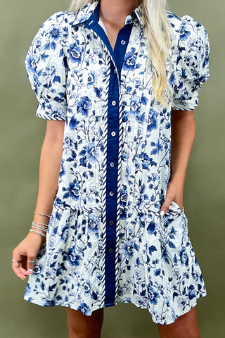 Indigo Blooms Button-Up Dress