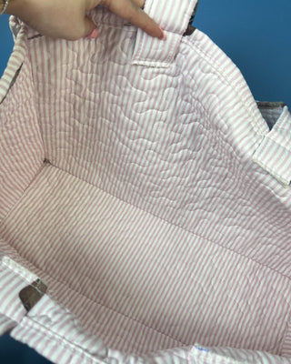 Quilted Ida Mae Home tote bag with watercolor mallard duck print, striped fabric, spacious interior, and padded shoulder straps.