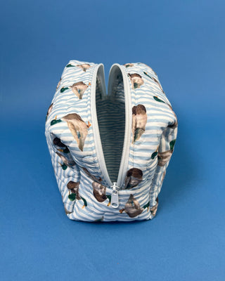 Quilted Ida Mae Home makeup bag with watercolor mallard duck print, blue striped fabric, zip closure, and spacious travel-friendly design.