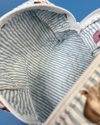 Quilted Ida Mae Home makeup bag with watercolor mallard duck print, blue striped fabric, zip closure, and spacious travel-friendly design.
