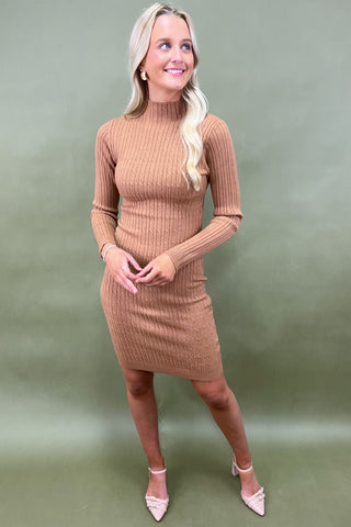 Woman wearing a brown ribbed dress against a green background