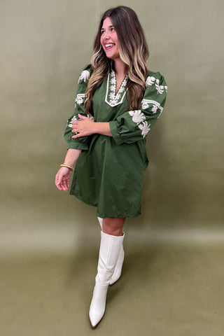 Emerald Elegance Puff Sleeve Dress
