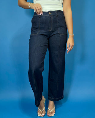 Dark wash high-rise wide leg jeans with front patch pockets, flattering seam details, and a cropped ankle-length silhouette.
