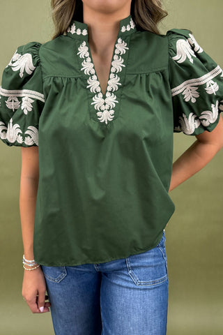 Green blouse with white embroidery worn by a person on an olive green background
