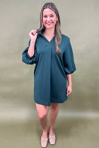 Woman wearing a teal dress against a green background