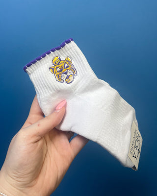 White LSU ankle socks with purple scalloped trim and an embroidered LSU Tiger logo, featuring a soft knit fabric and ribbed cuff for comfortable everyday wear.